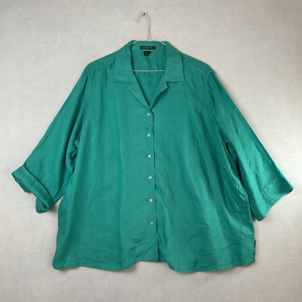 Lauren Ralph Lauren Green Linen Herringbone Button Down Shirt Plus Size 3X